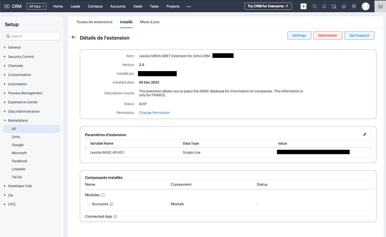 Lexolia SIREN-SIRET for Zoho CRM - Installation de la clé API