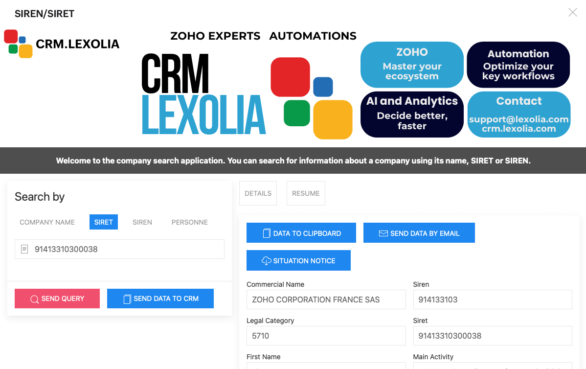 Lexolia SIREN-SIRET for Zoho CRM - Utilisation