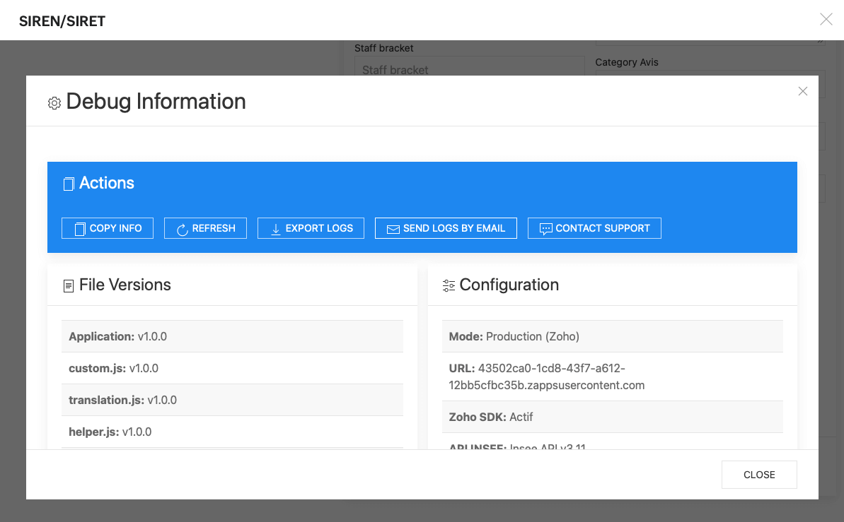 Lexolia SIREN-SIRET for Zoho CRM - Debug