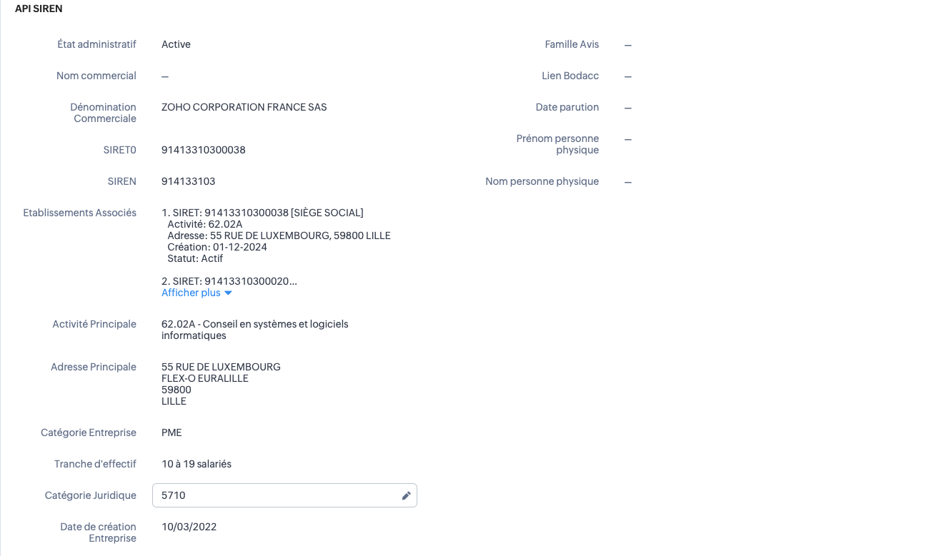 Lexolia SIREN-SIRET for Zoho CRM - Data vers le CRM