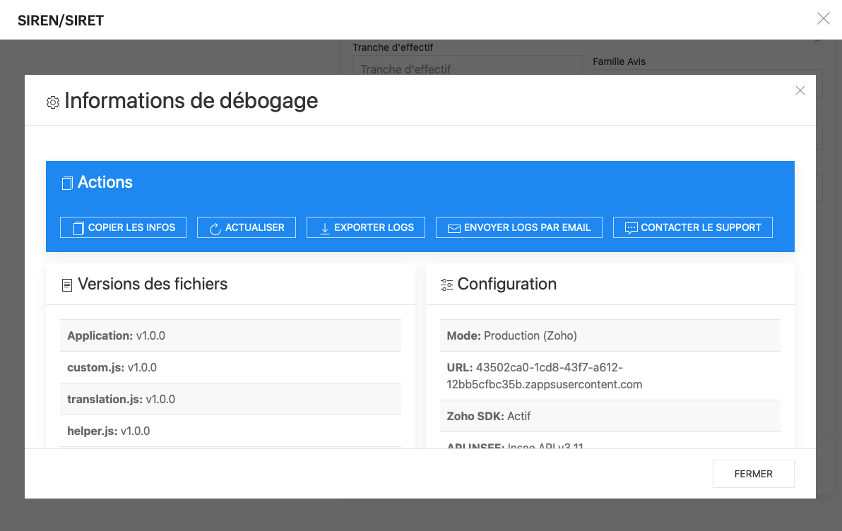 Lexolia SIREN-SIRET for Zoho CRM - Debug