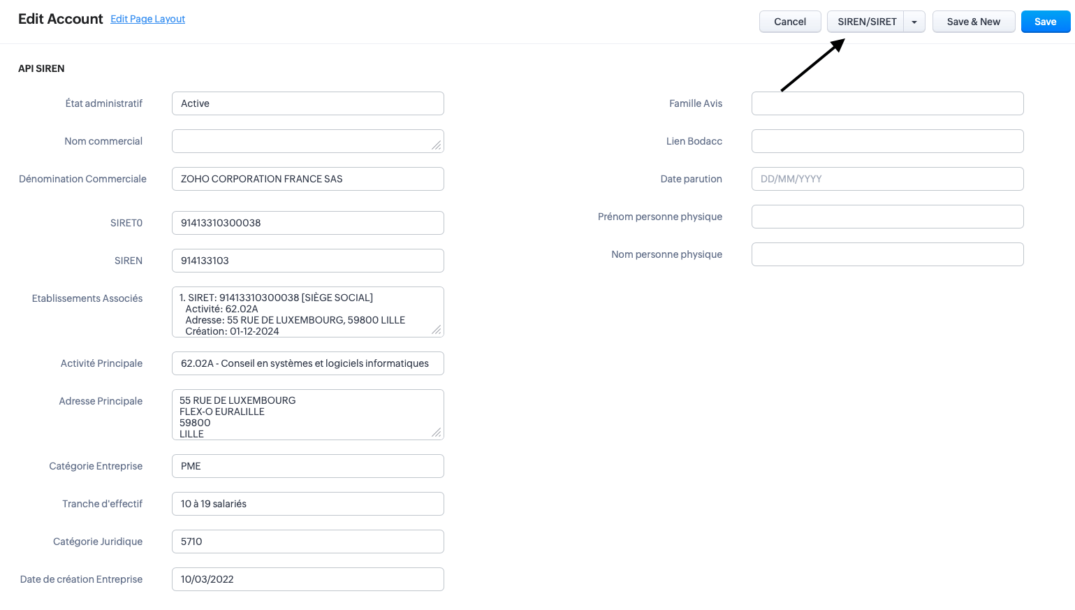 Lexolia SIREN-SIRET for Zoho CRM - Utilisation