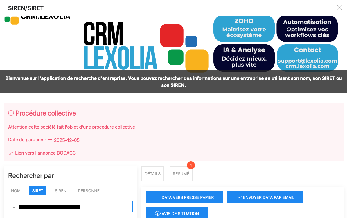 Lexolia SIREN-SIRET for Zoho CRM - Utilisation BODACC