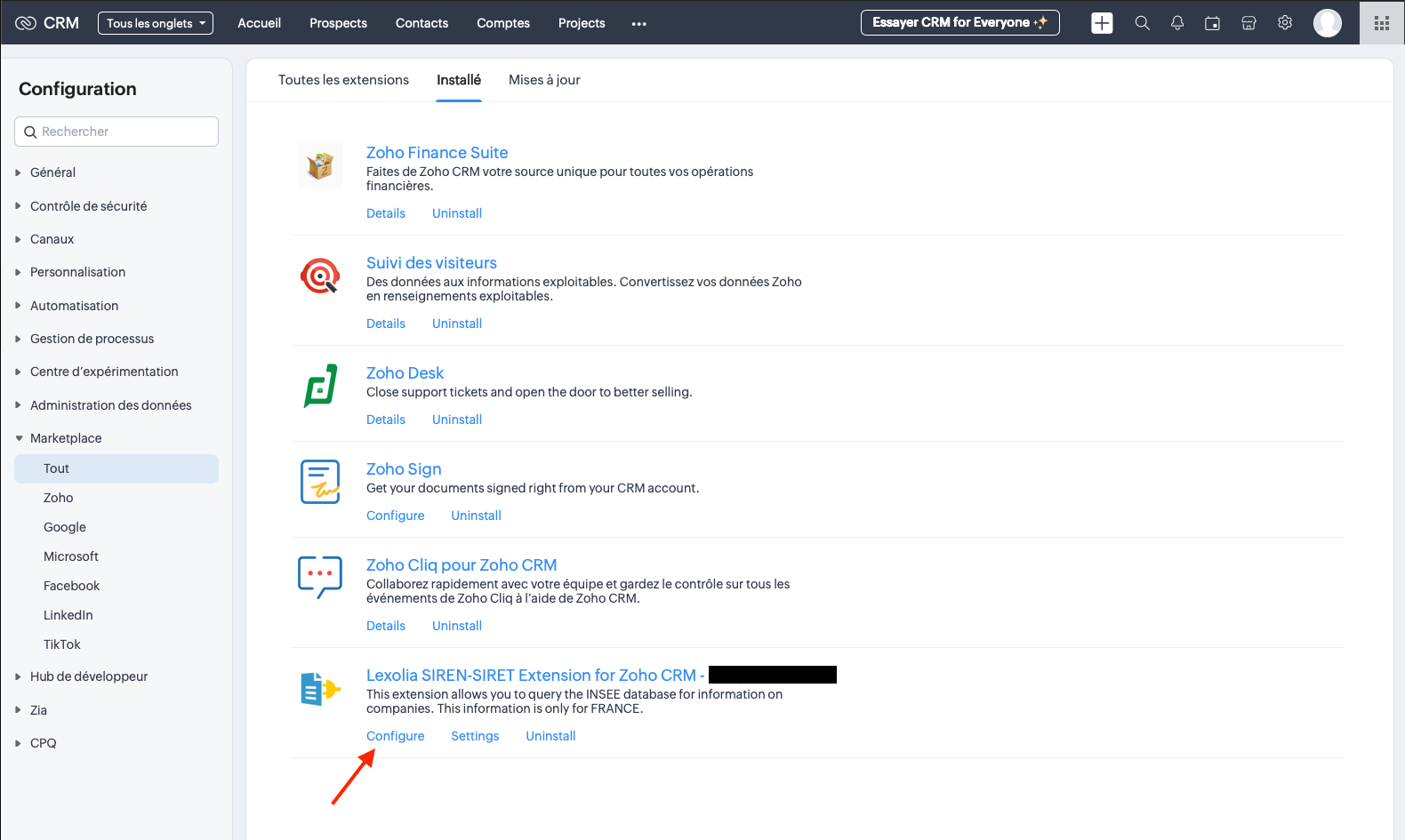 Lexolia SIREN-SIRET for Zoho CRM - Installation de la clé API