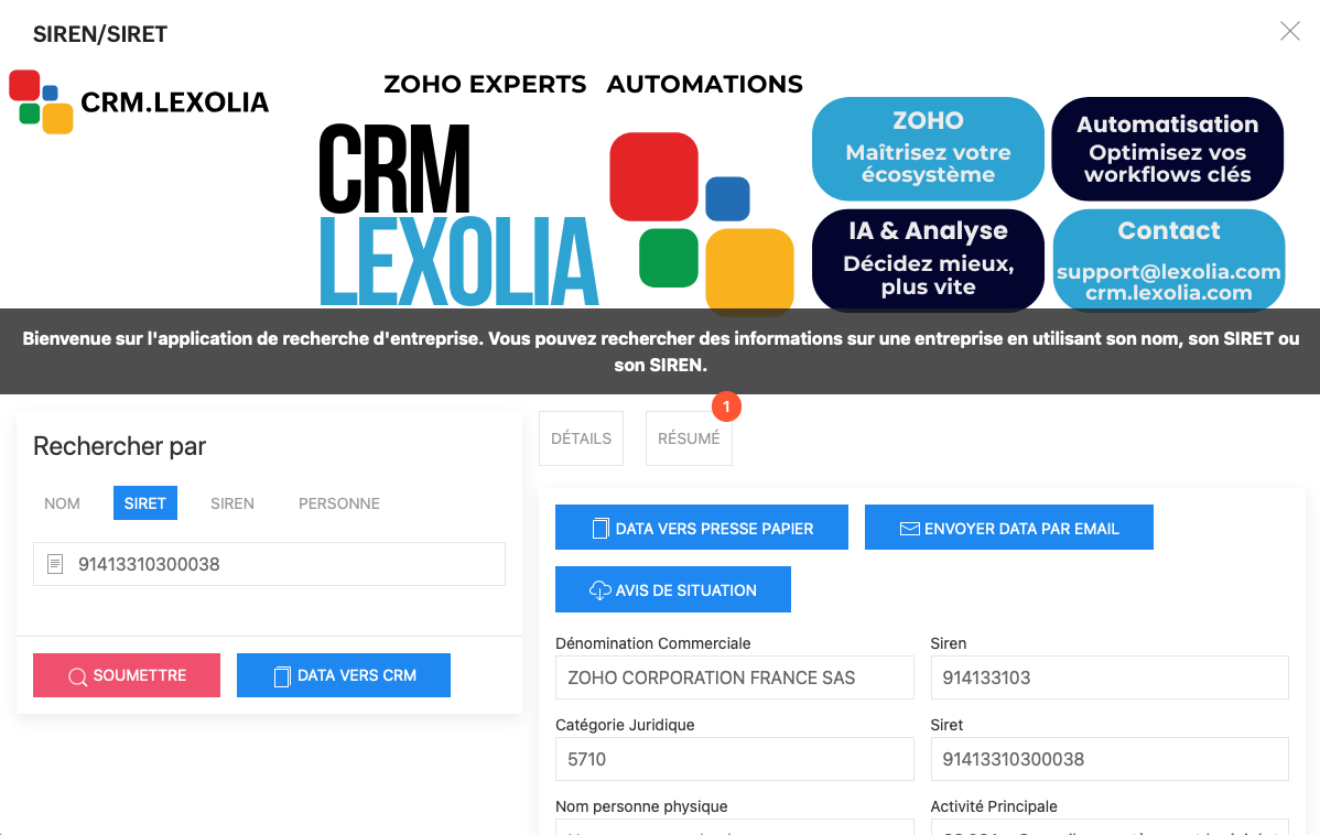 Lexolia SIREN-SIRET for Zoho CRM - Utilisation