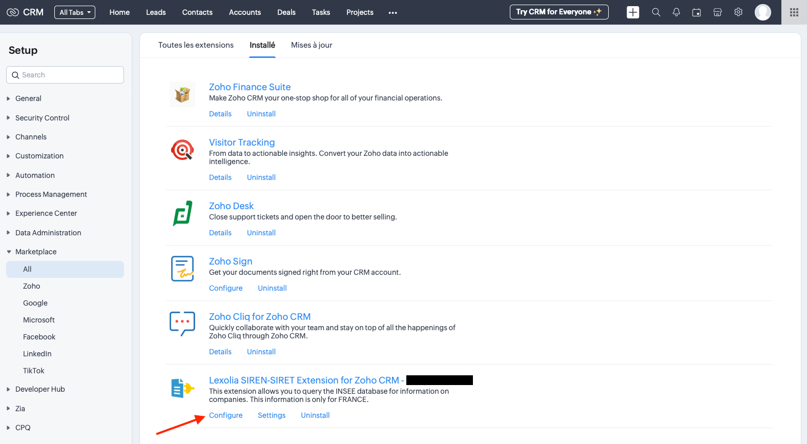 Lexolia SIREN-SIRET for Zoho CRM - Installation de la clé API