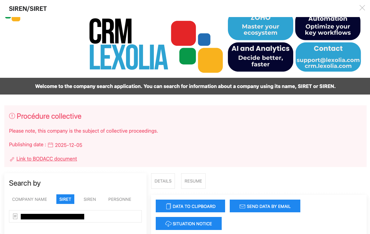 Lexolia SIREN-SIRET for Zoho CRM - Utilisation BODACC