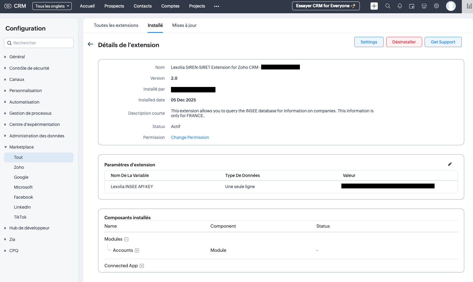 Lexolia SIREN-SIRET for Zoho CRM - Installation de la clé API