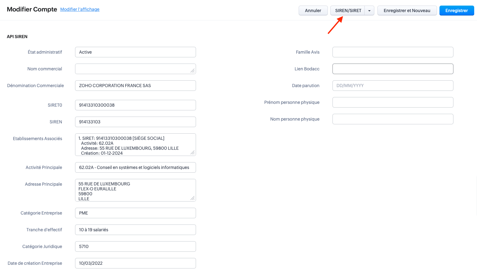 Lexolia SIREN-SIRET for Zoho CRM - Utilisation