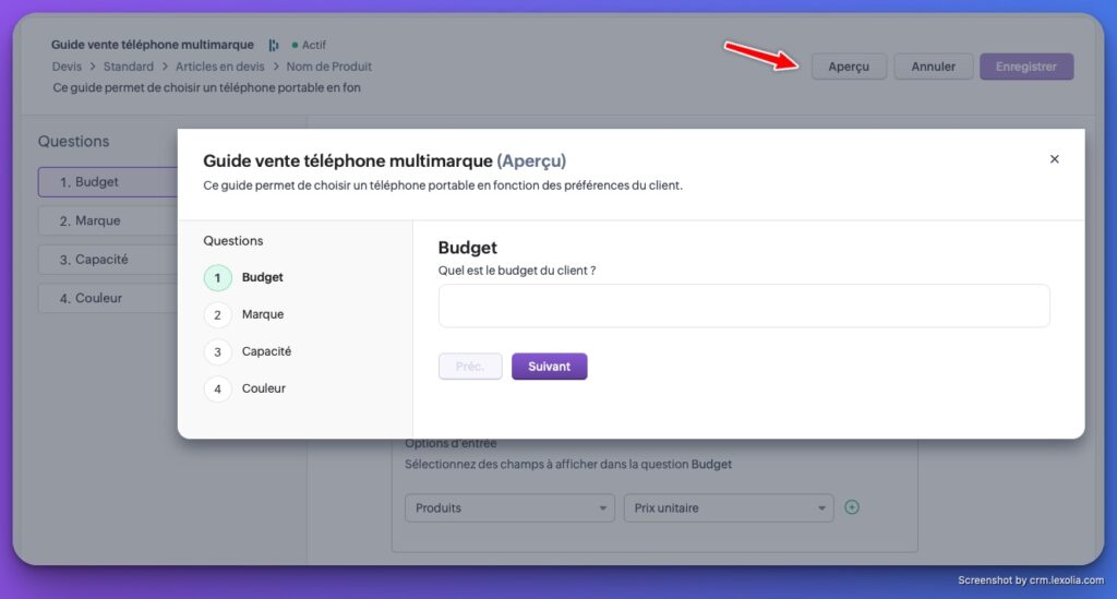 Aperçu de la Vente Guidée dans Zoho CRM | CRM Lexolia