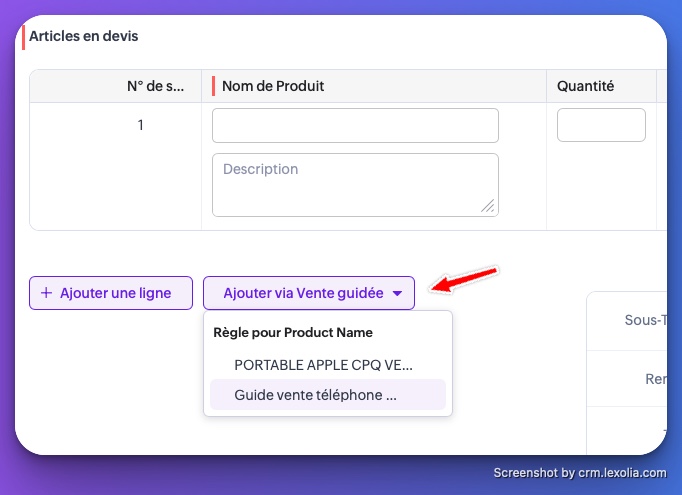 Aperçu des choix des Ventes Guidées dans le devis dans Zoho CRM | CRM Lexolia