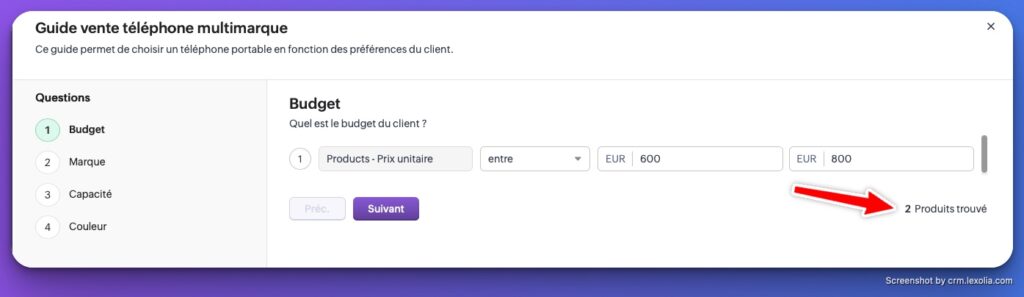 La fenêtre contextuelle affiche les produits trouvés en fonction des réponses des Ventes Guidées dans le devis dans Zoho CRM | CRM Lexolia