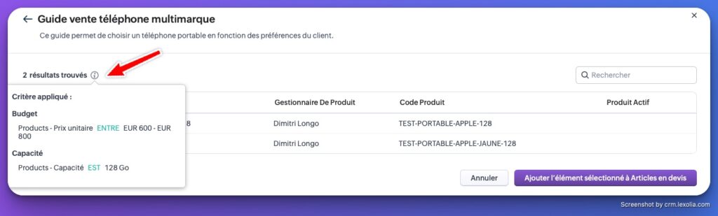Aperçu de la fenêtre Info des Ventes Guidées dans le devis dans Zoho CRM | CRM Lexolia