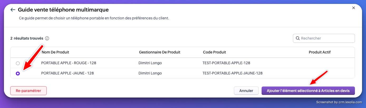 Aperçu des choix des résultas filtrés des Ventes Guidées dans le devis dans Zoho CRM | CRM Lexolia
