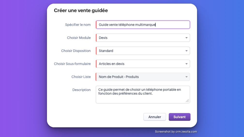 Aperçu du formulaire de création de La vente Guidée dans Zoho CRM | CRM Lexolia