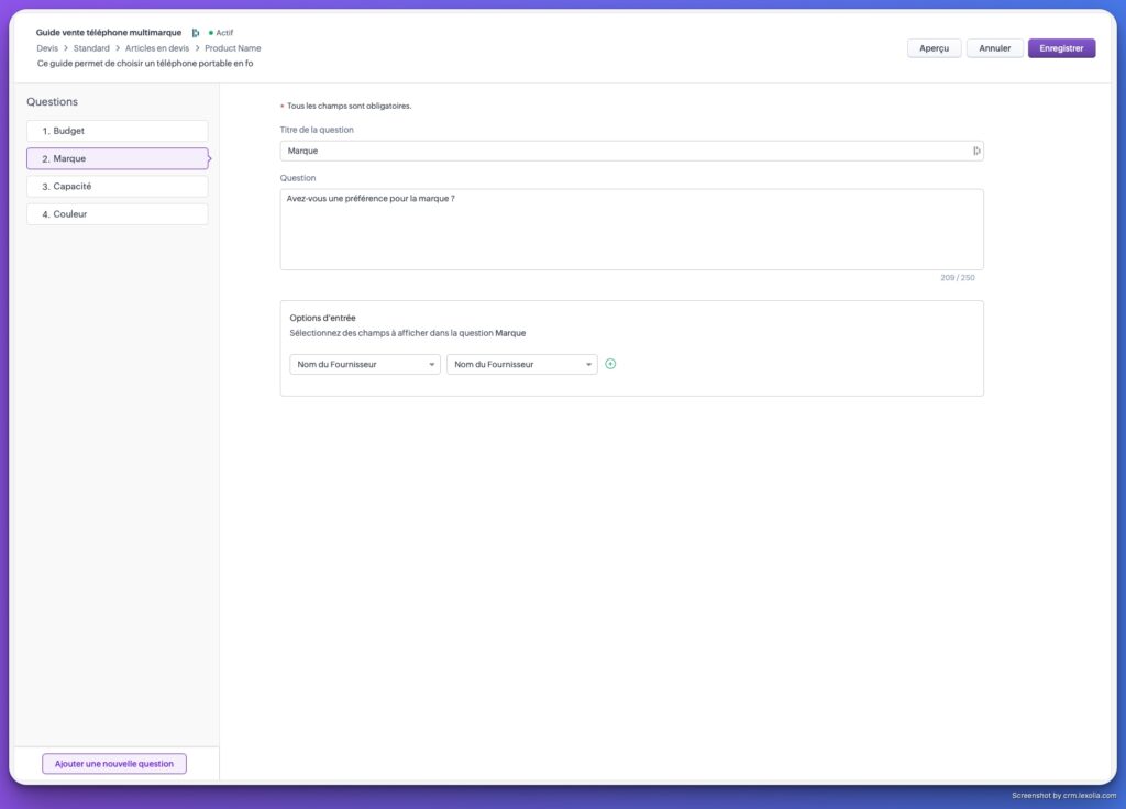 Aperçu des questions du workflow de la Vente Guidée dans Zoho CRM | CRM Lexolia