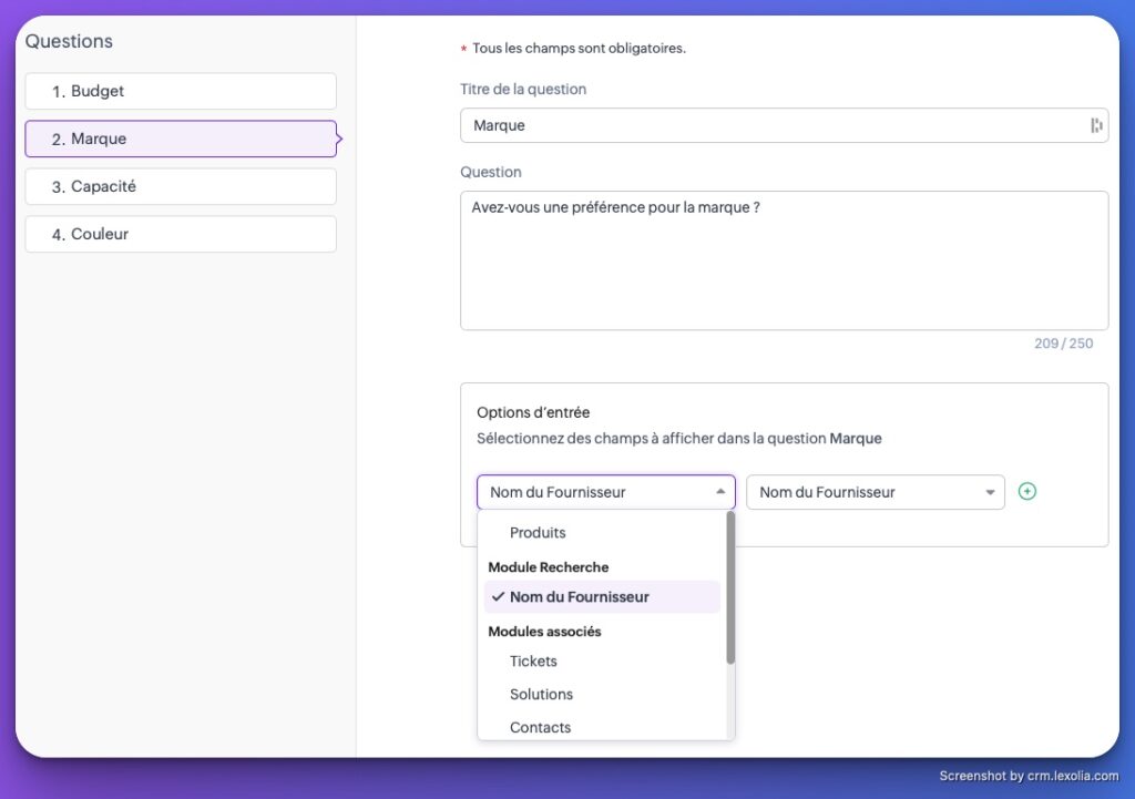Aperçu d'une question du workflow avec un champ de recherche dans Zoho CRM | CRM Lexolia