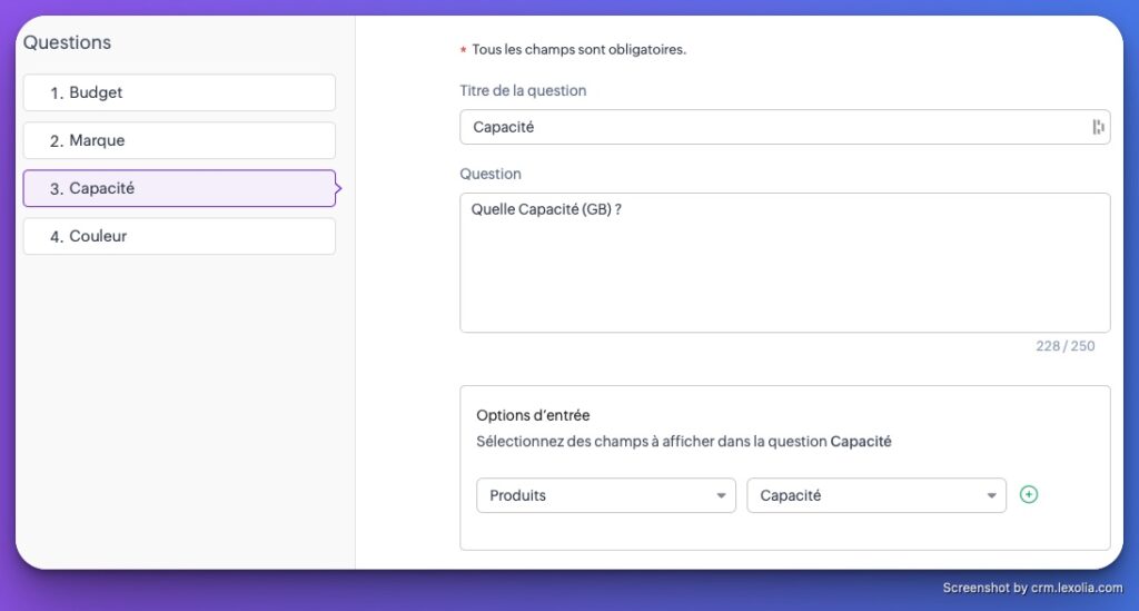 Aperçu d'une question du workflow avec un champ Zoho CRM | CRM Lexolia