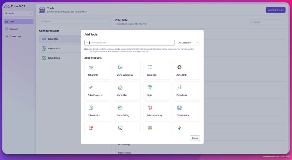 Zoho MCP : Liste des différents connecteurs disponibles (plus de 300 intégrations)